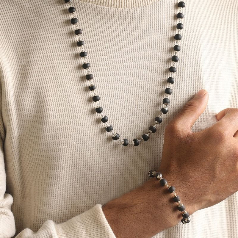 Silver Plated Karungali Mala + Karungali Bracelet Combo For Men