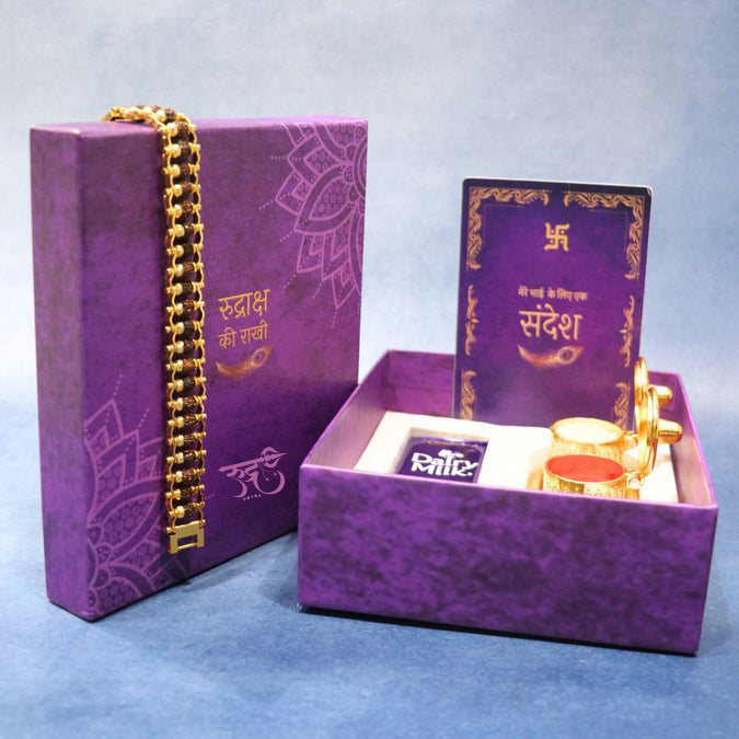 Gold Plated Modern Rudraksha Ki Rakhi - Complete Rakhi Box