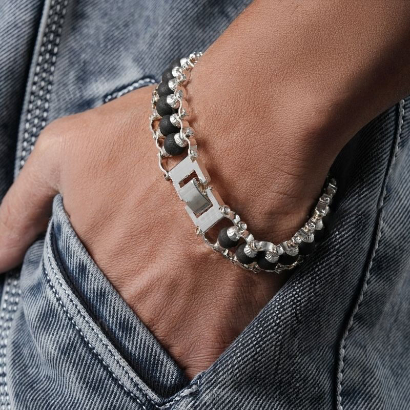 Silver Plated Karungali Modern Bracelet - Natural Ebony Wood