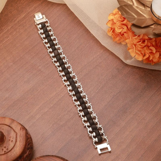 Silver Plated Karungali Modern Bracelet - Natural Ebony Wood