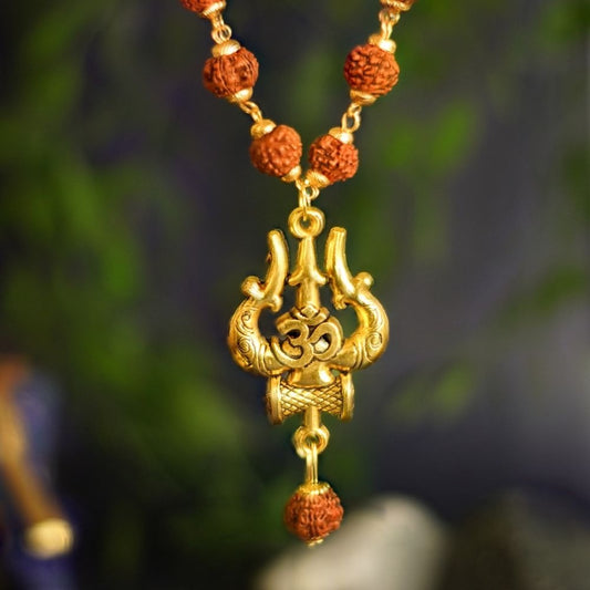 Gold Plated Rudraksha Om Trishool Necklace